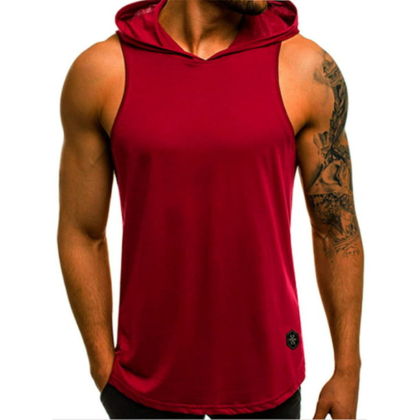 Ouber Mens Gym Mesh Hooded Tank Top Workout Bodybuilding Sleeveless Muscle Hoodies 
